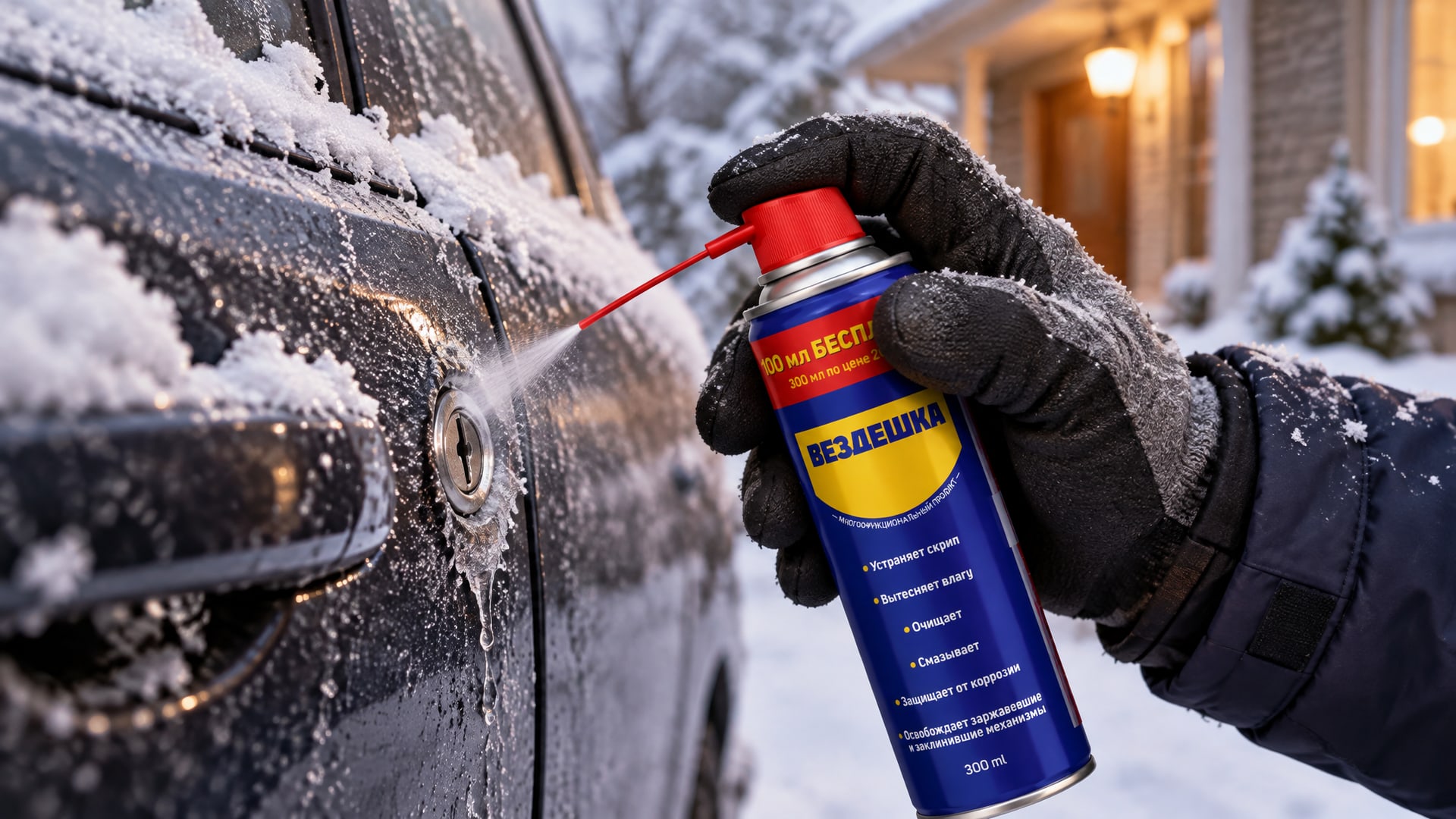 Рука в перчатке наносит универсальную смазку wd-40 на замок.