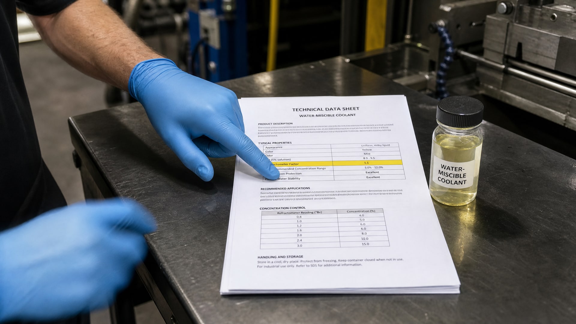 Ладонь в перчатке указывает на refractometer factor в техническом листе данных.