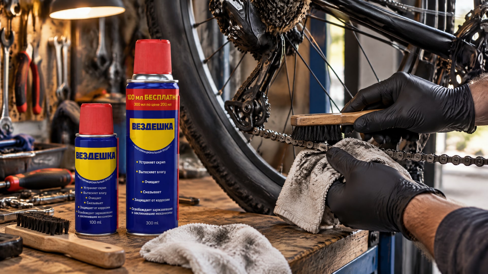 Рука в перчатке наносит универсальную смазку WD40.