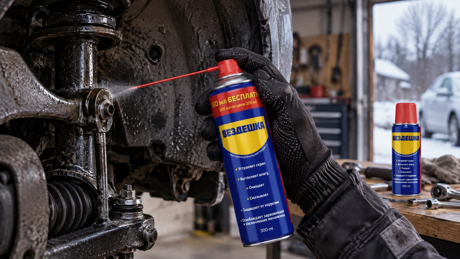 Рука в перчатке наносит универсальную смазку wd-40.
