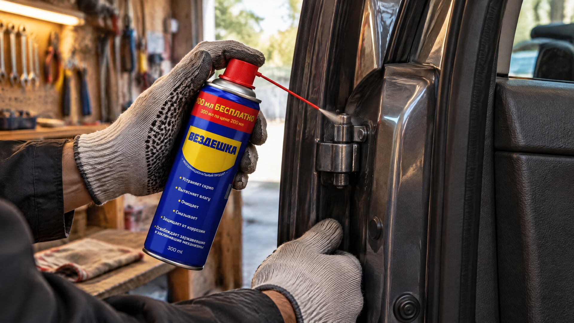 Рука в перчатке наносит универсальную смазку WD-40 на дверные петли.