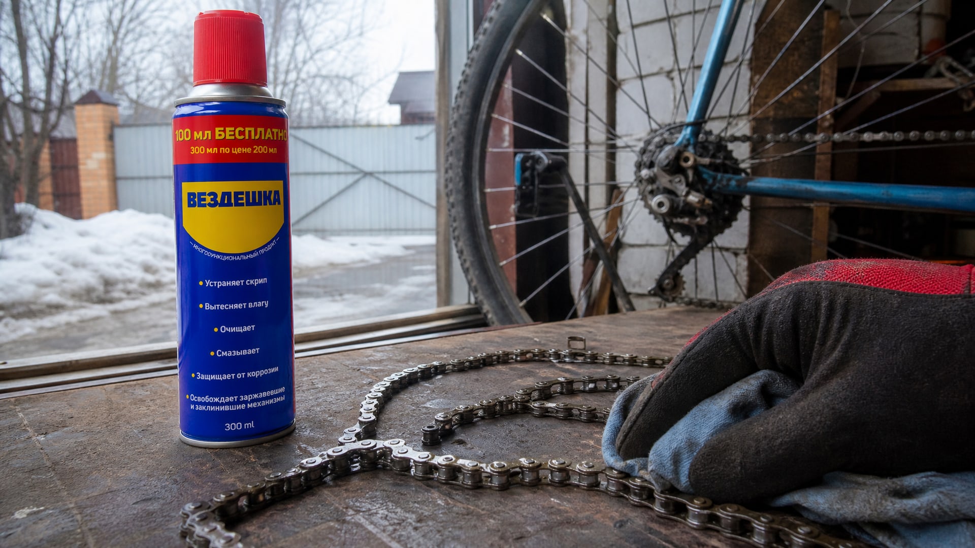 Рука наносит универсальную смазку WD40 на цепь.