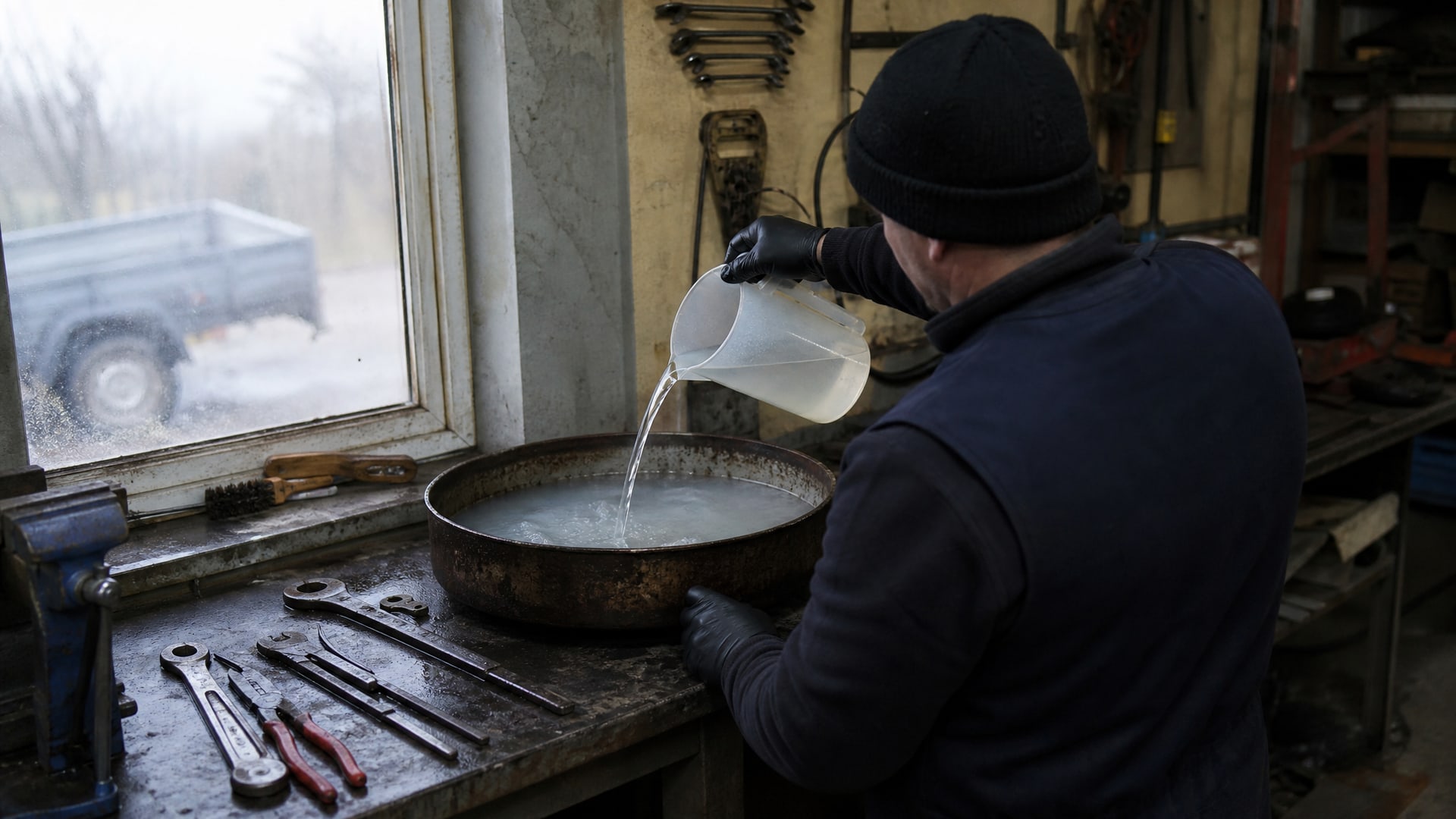 Мужчина переливает прозрачную жидкость в грязную емкость с водой, чтобы уменьшить расход эмульсии.