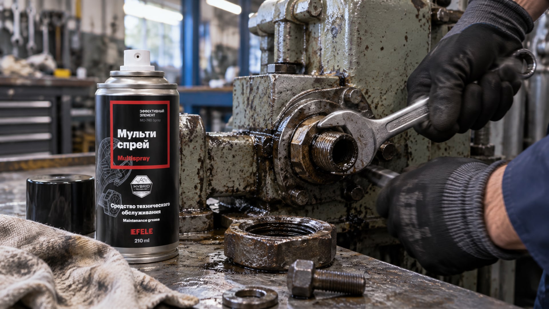 Рука в перчатке наносит EFELE MO-740 Spray, чтобы удалить анаэробный герметик.