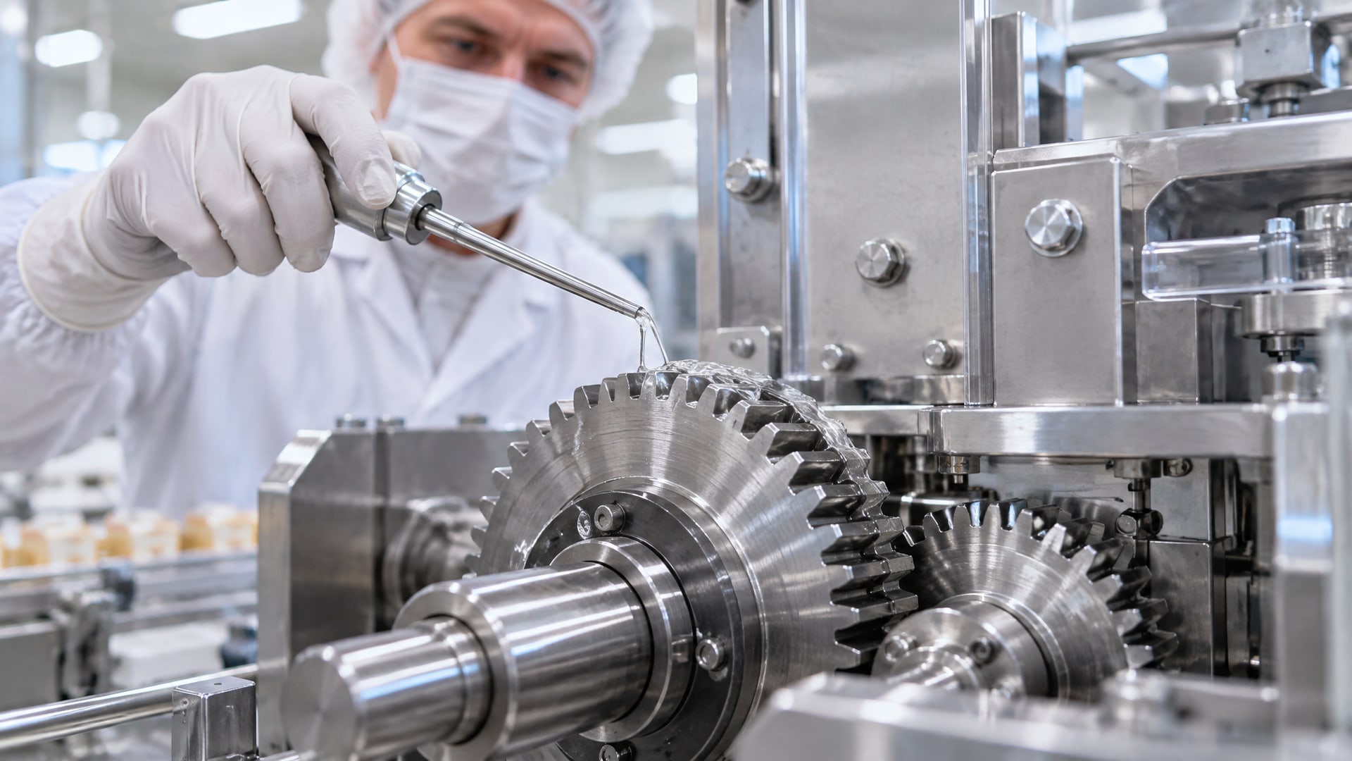 Тонкая струя смазки H1 аудит HACCP наносится на вращающуюся шестерню упаковочной машины.