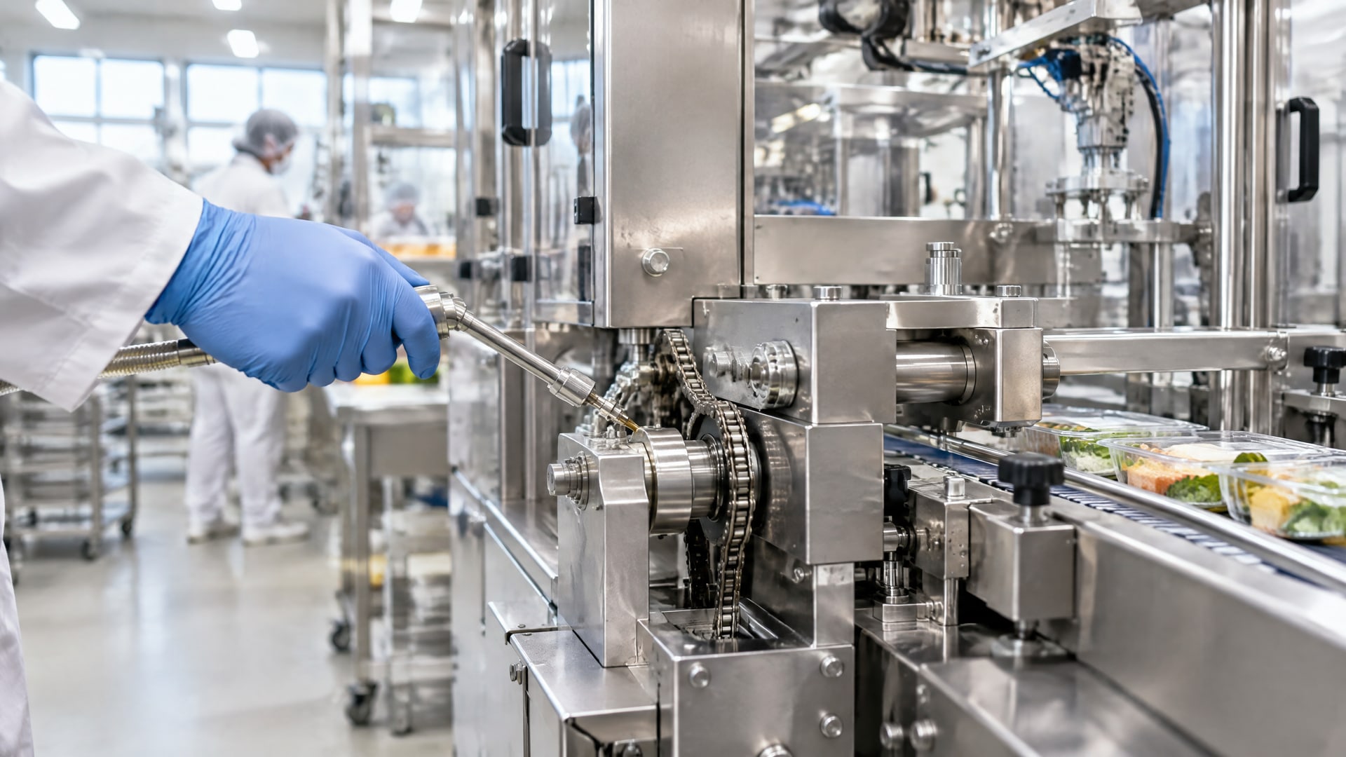 Чистая упаковочная линия, где смазки h1 аудит haccp критичен, с роботом и блестящими конвейерами.