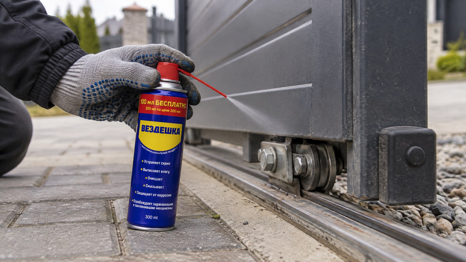 Рука в перчатке наносит универсальную смазку WD-40 на гаражные ворота.