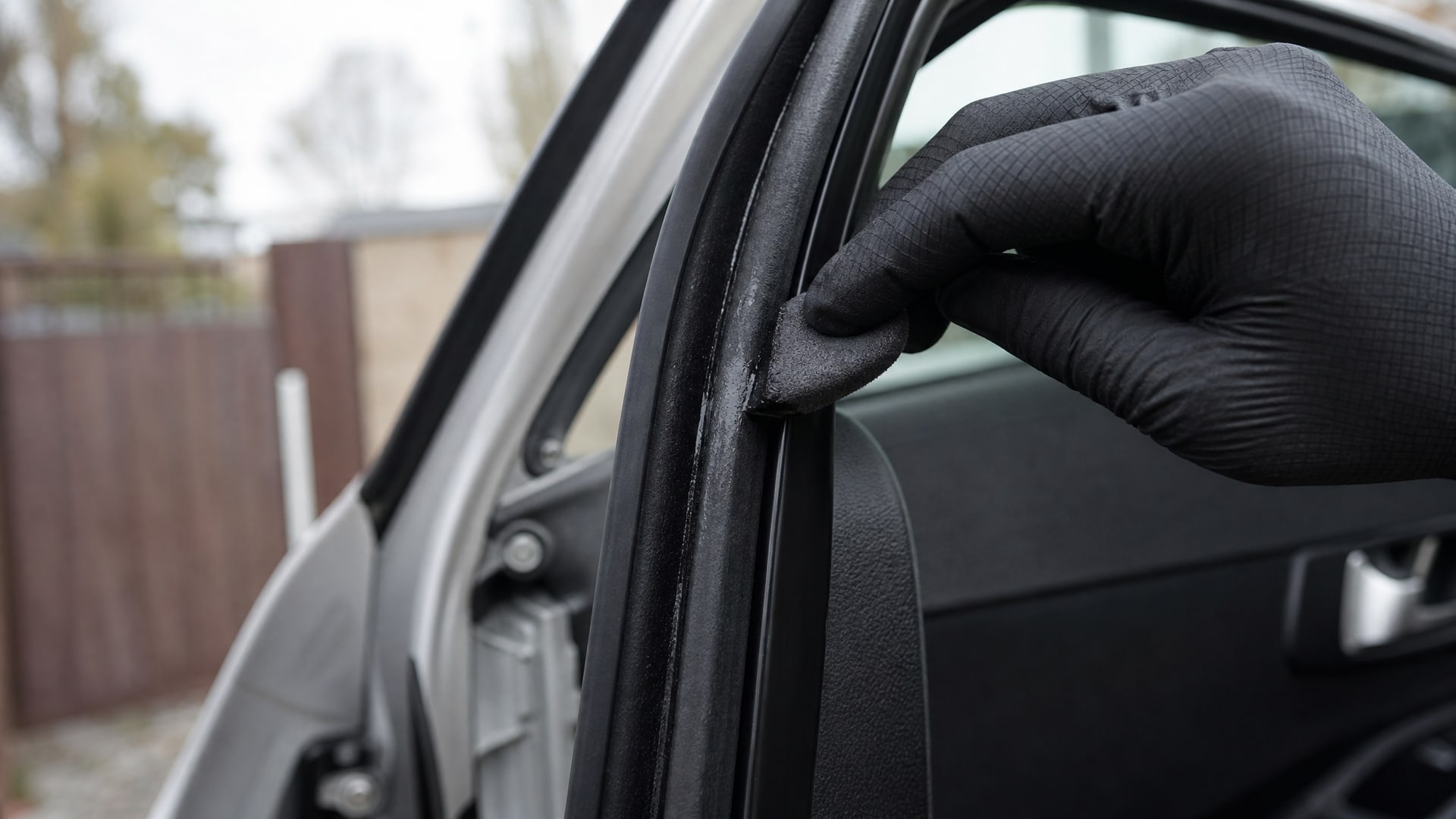 Рука в перчатке смазывает черную дверную резинку автомобиля в гараже.