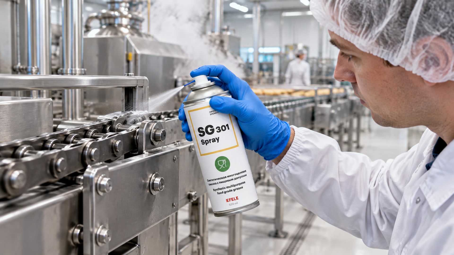 Рука в перчатке наносит цепное масло EFELE SG-301 Spray (NSF H1).