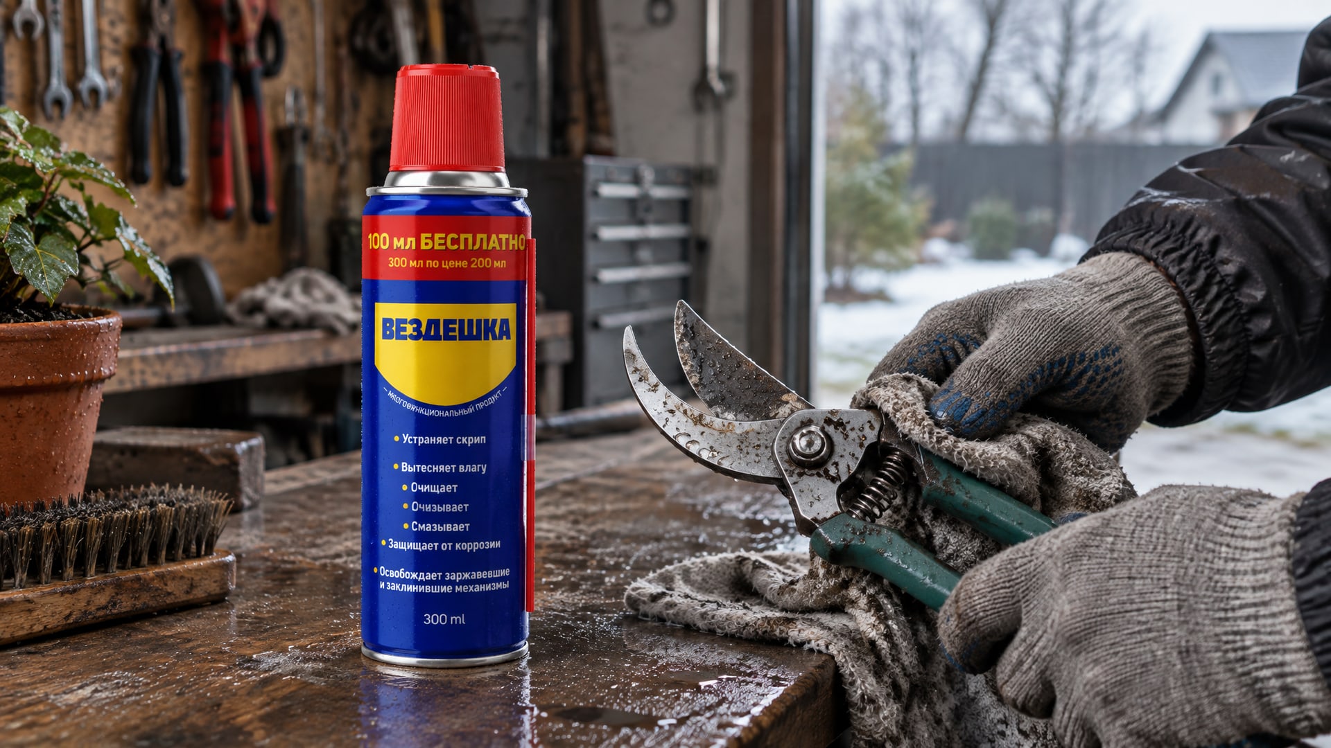 Рука в перчатке наносит универсальную смазку wd-40 на инструмент.