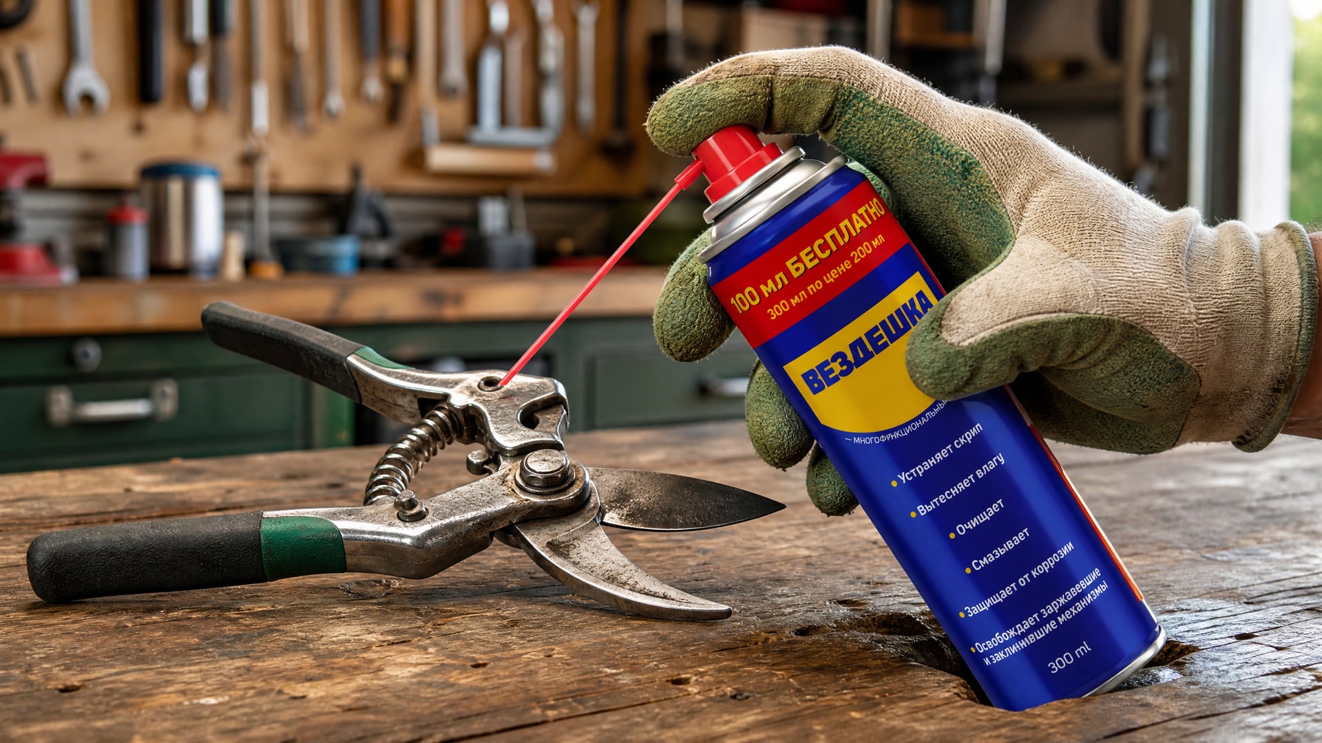 Рука в перчатке наносит универсальную смазку WD40 на садовые ножницы.