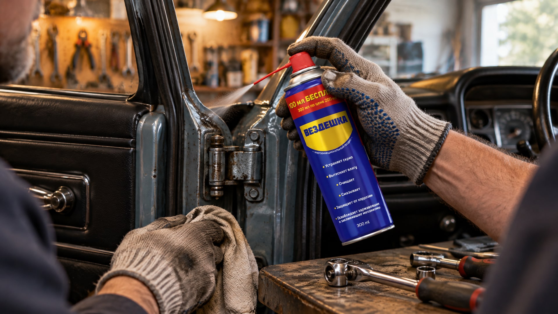 Рука в перчатке наносит универсальную смазку WD-40 на петлю автомобиля.
