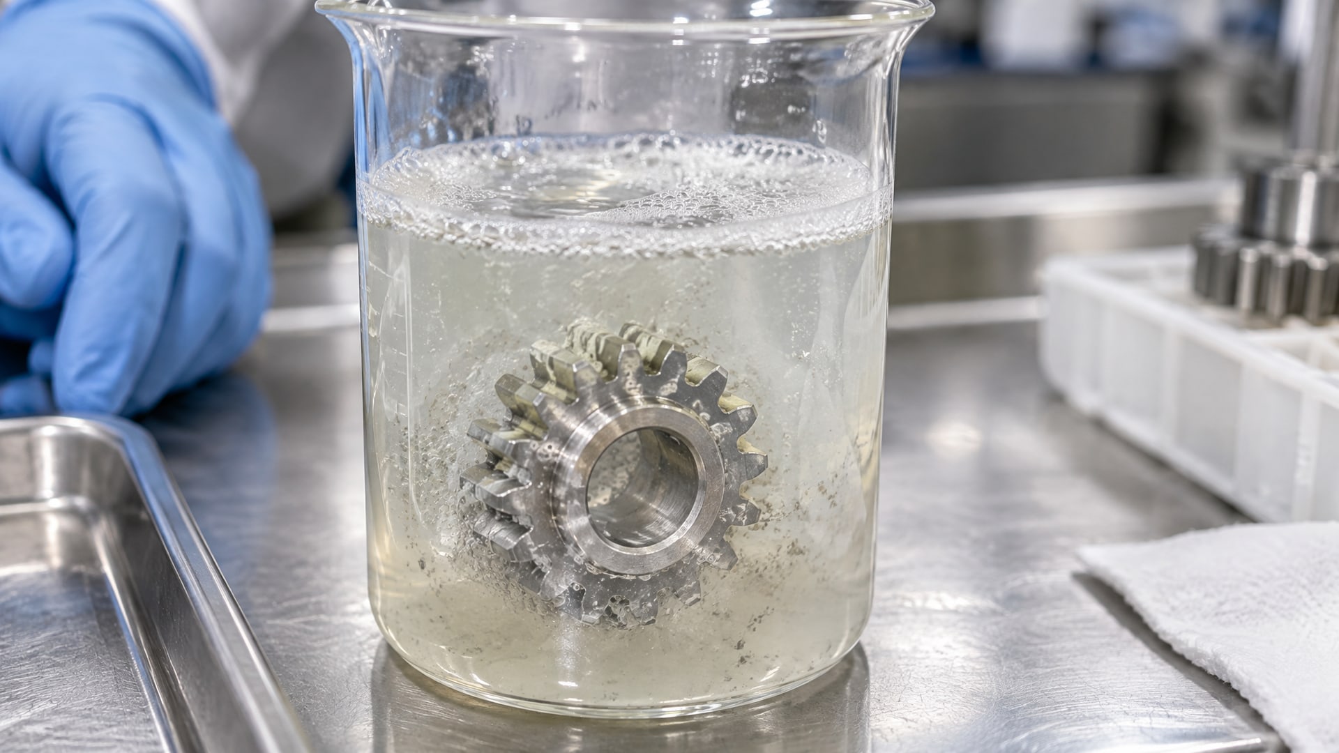 Металлическая шестерня, погруженная в пенный раствор, демонстрирует разъедание смазки для пищевого оборудования h1.