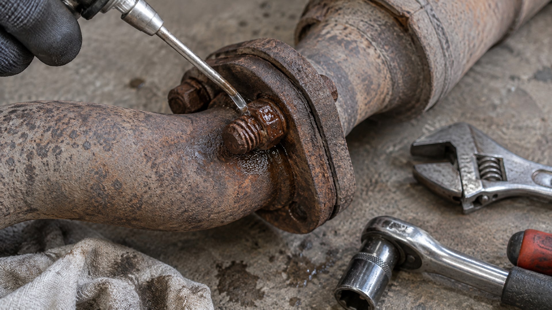 На ржавом болте выхлопной трубы заметен тонкий слой WD-40.