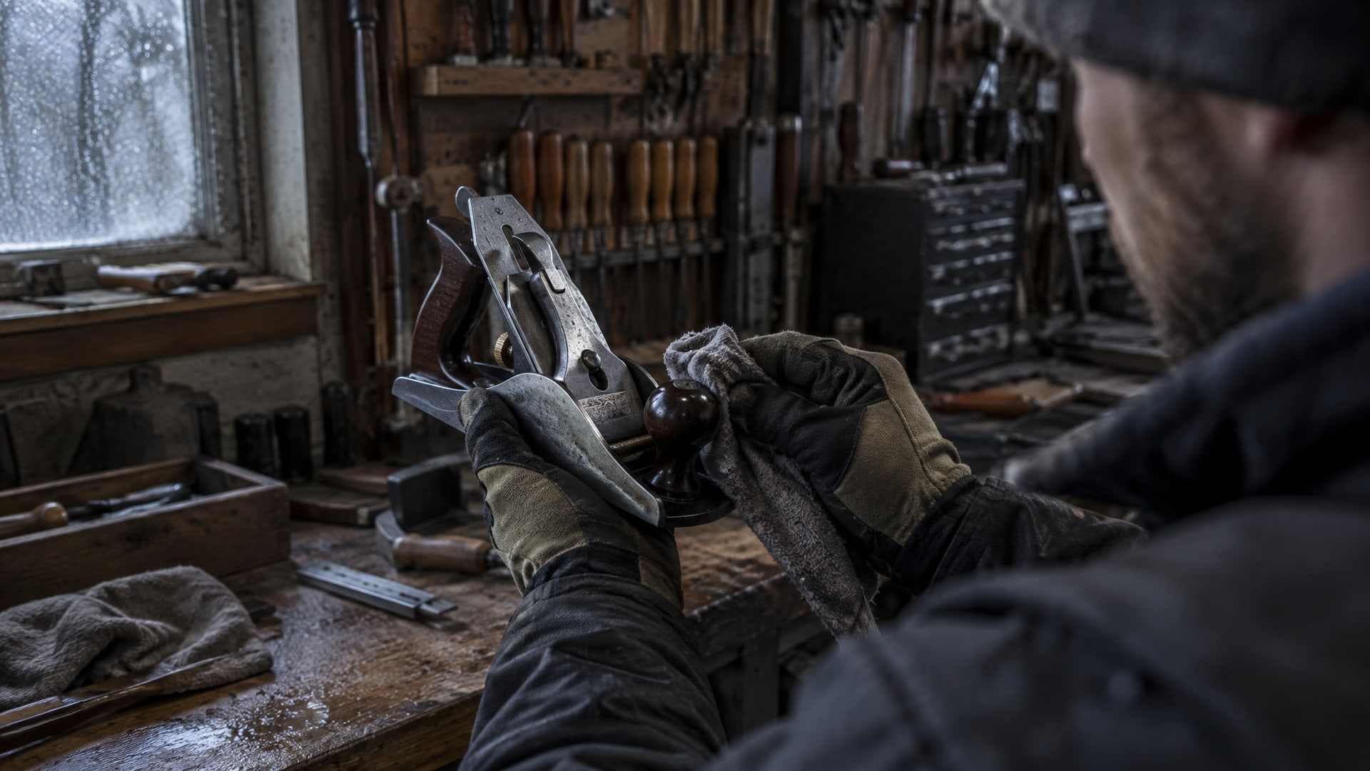 Человек в перчатках протирает металлический рубанок внутри темного гаража.