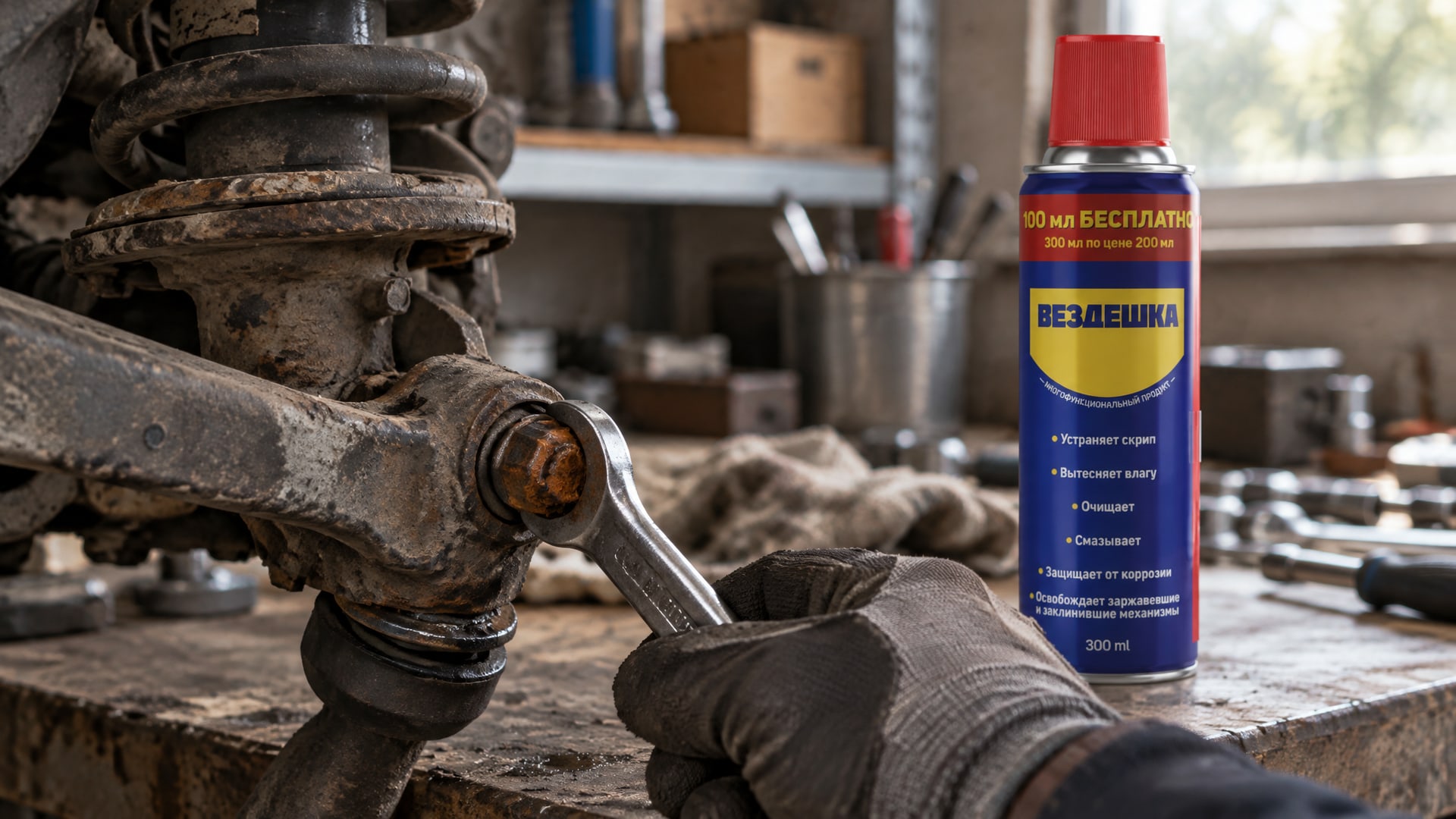 Рука в перчатке наносит универсальную смазку wd-40 на деталь.