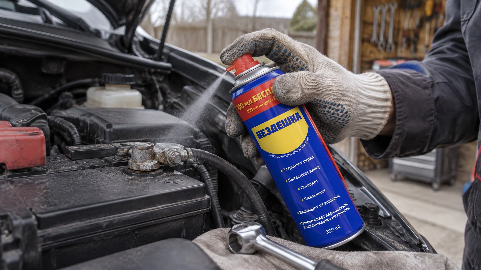Рука в перчатке наносит универсальную смазку WD-40 на контакты.