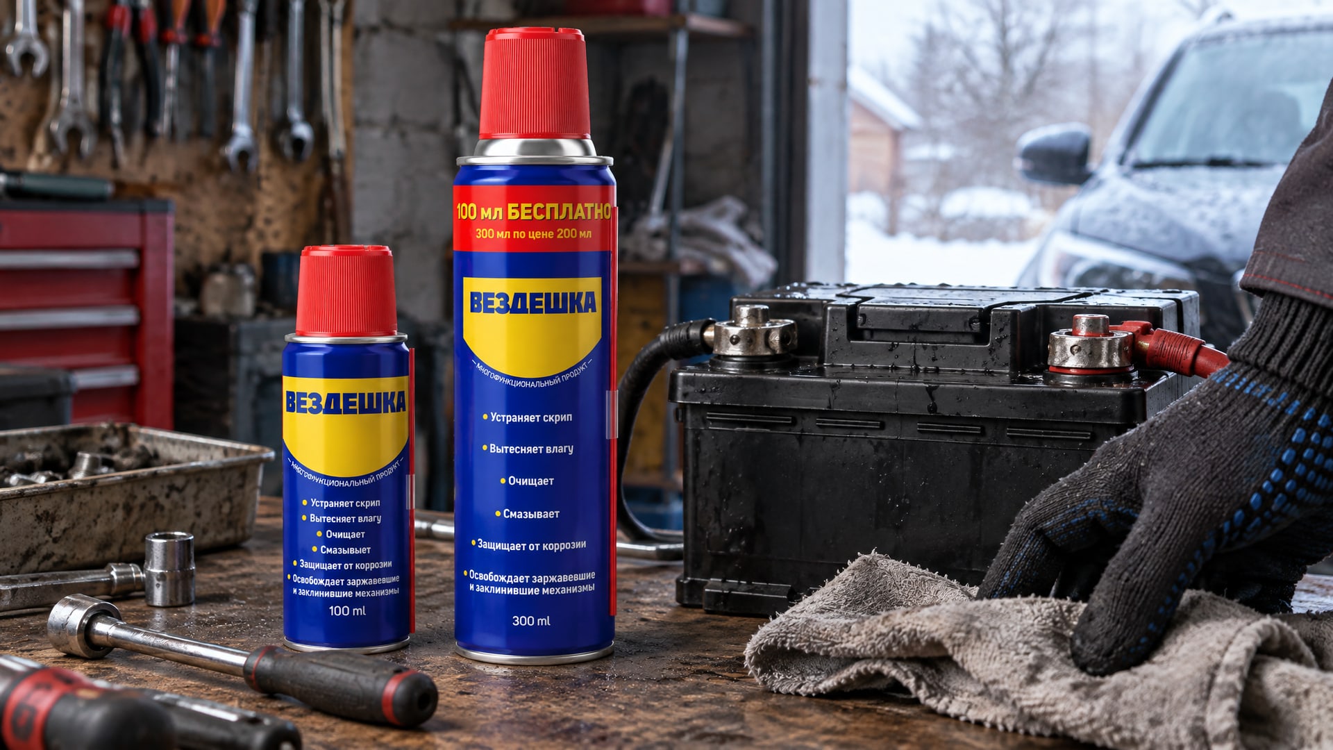 Рука в перчатке наносит универсальную смазку WD-40 на клеммы аккумулятора.