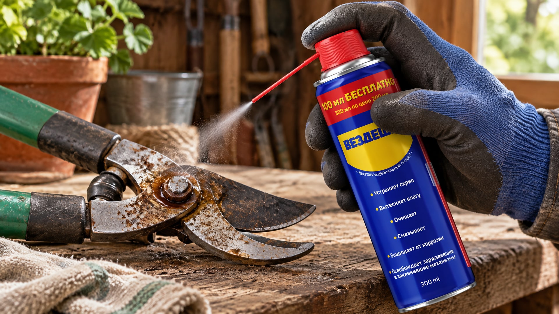 Рука в перчатке наносит универсальную смазку WD40 на садовый инструмент.