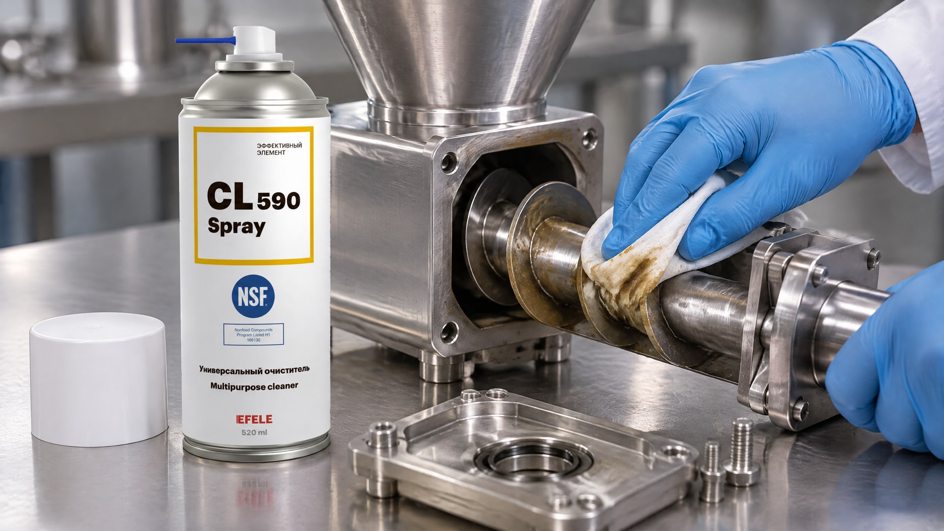Рука в перчатке наносит EFELE CL-590 Spray для очистки смазки дозатора пищевого оборудования.