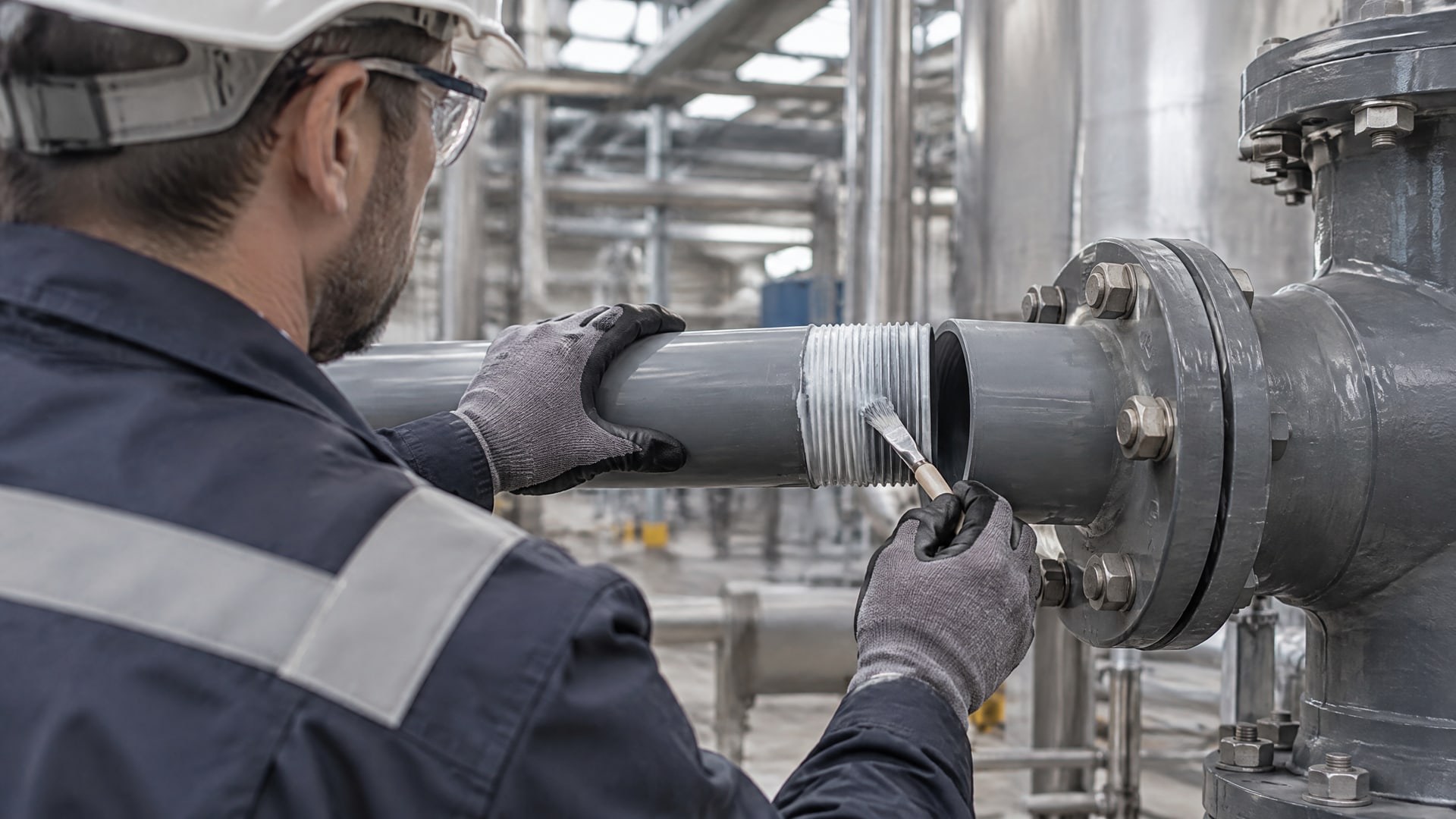 Мужские руки наносят герметик для пластика на наружную резьбу ПВХ-трубы.