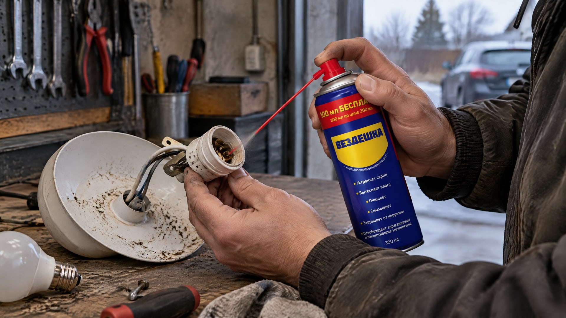 Рука в перчатке распыляет универсальную смазку WD40 на контакты.