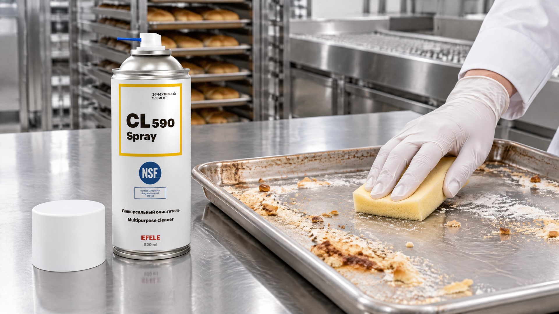 Рука в перчатке очищает антипригарное покрытие пищевое с EFELE CL-590 Spray.