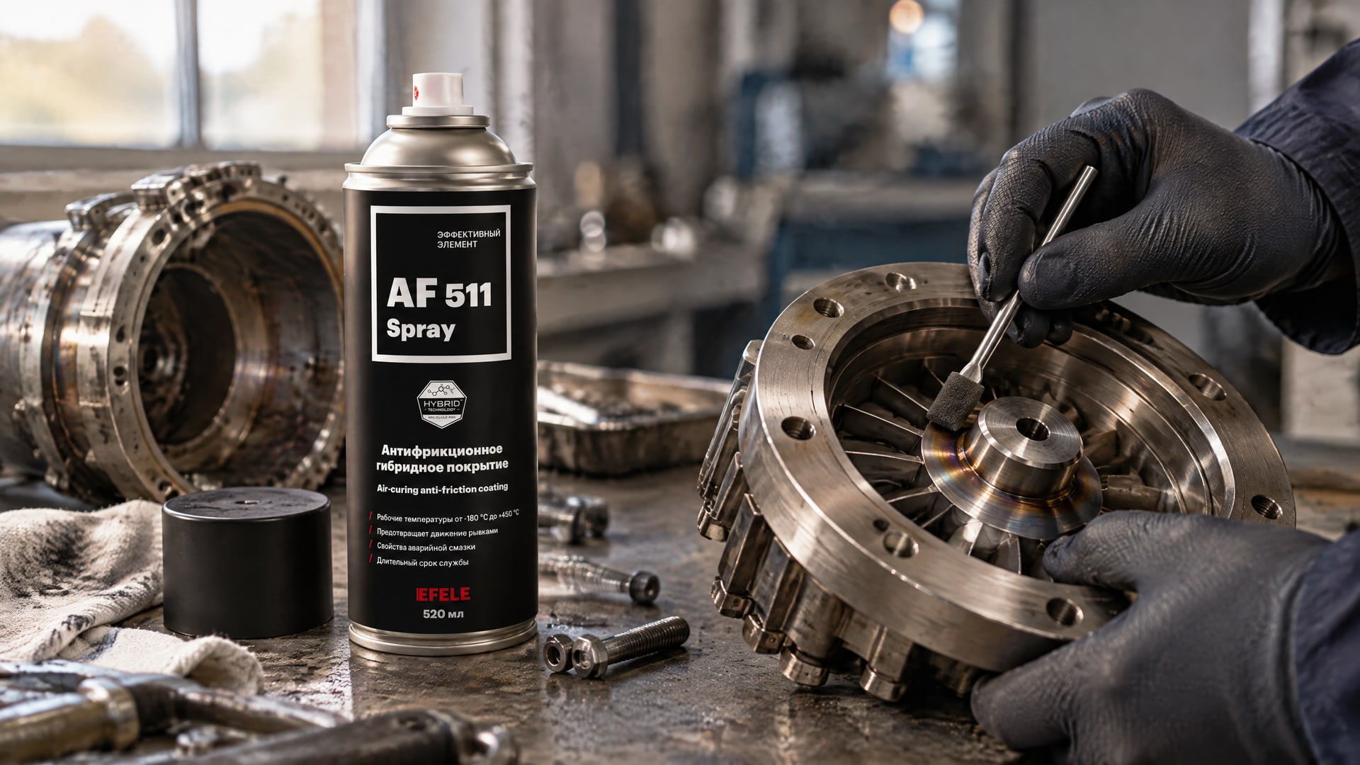 Рука в перчатке наносит EFELE AF-511 Spray на деталь для защиты в агрессивных средах.