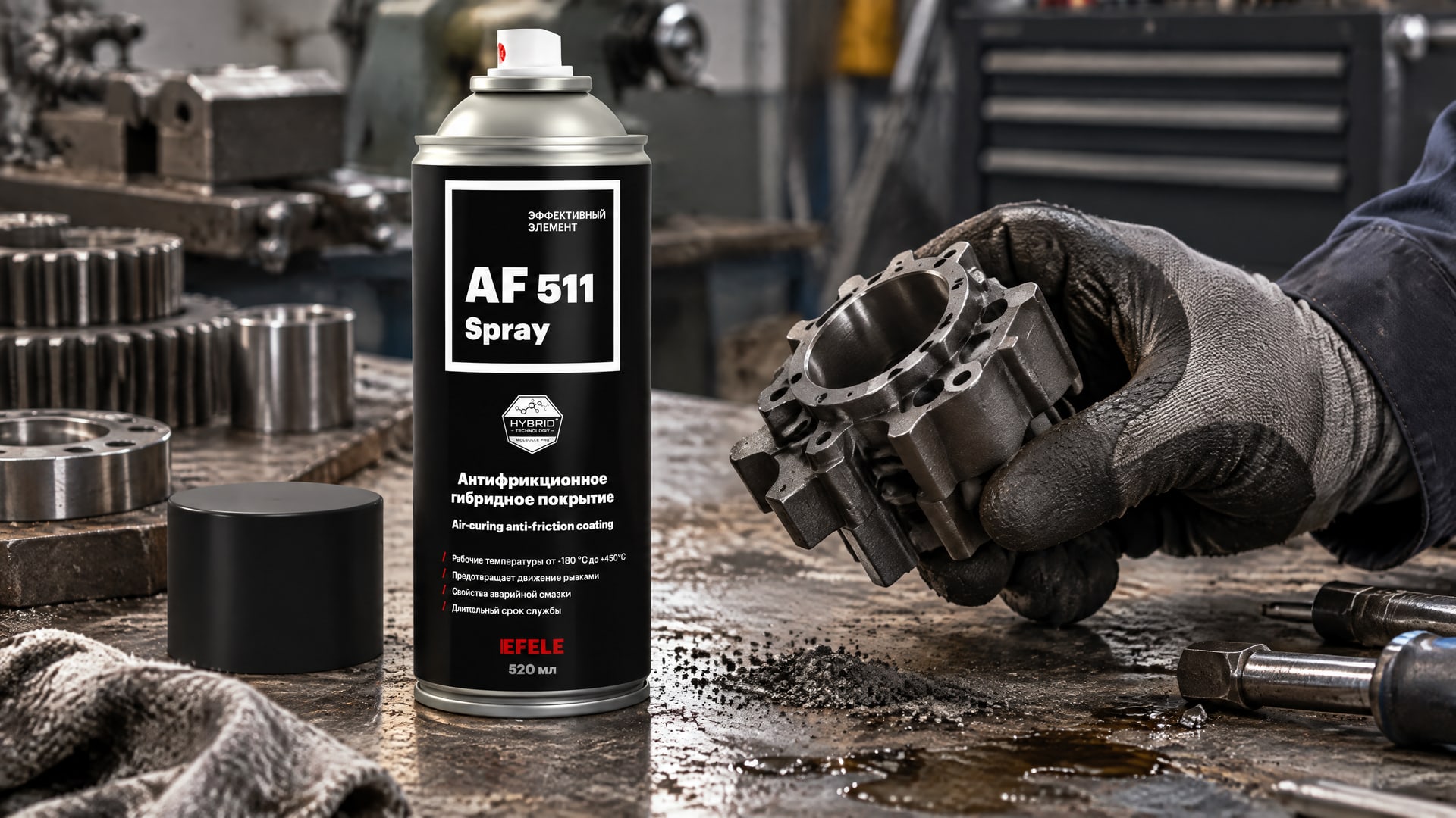 Рука наносит антифрикционное покрытие EFELE AF-511 Spray на деталь.