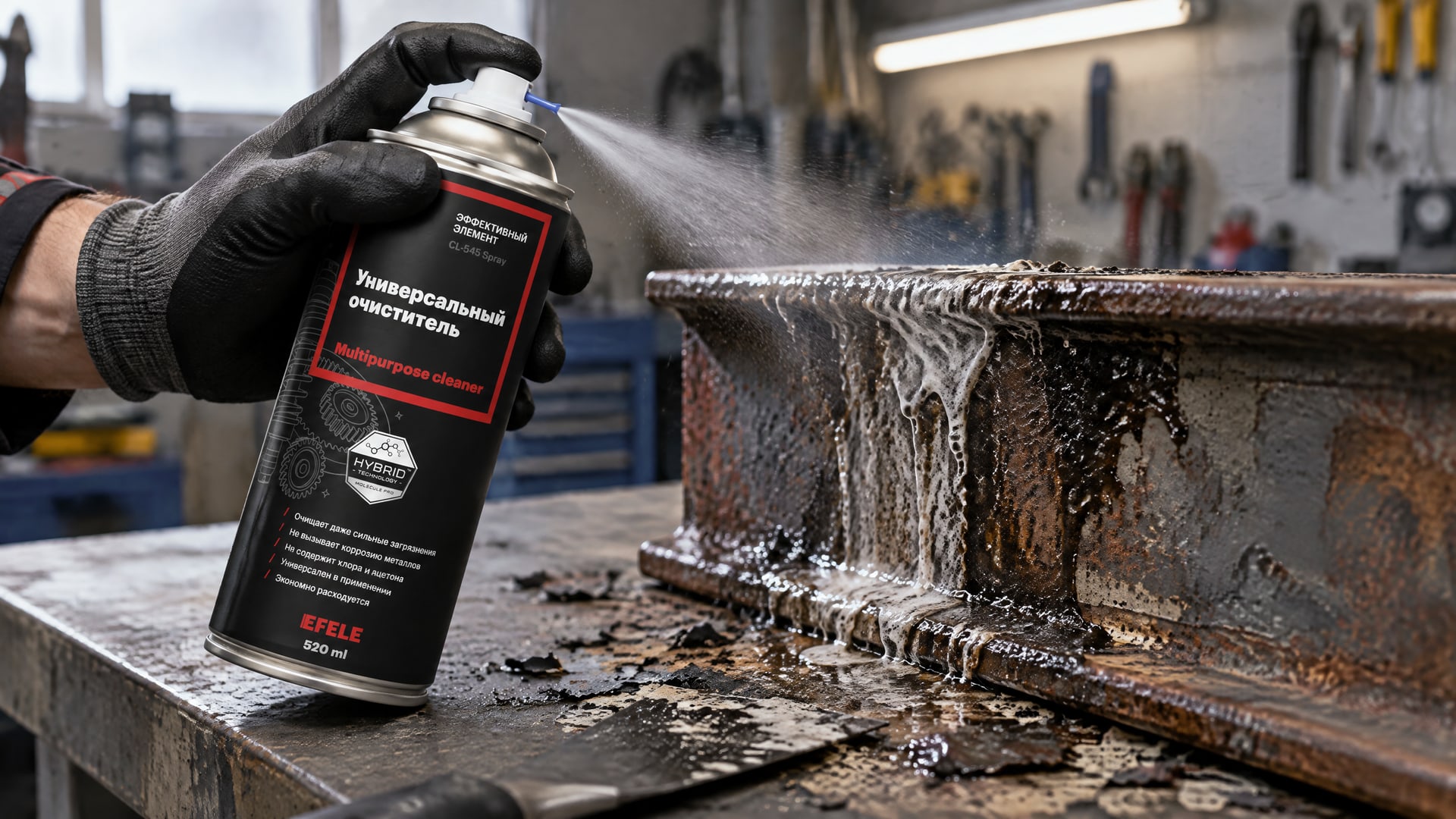 Работник наносит EFELE CL-545 Spray на металлоконструкцию для очистки.