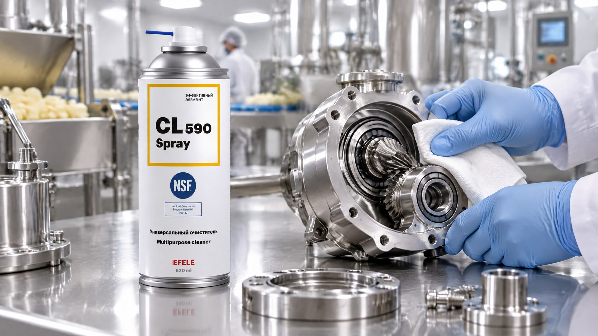 Рука в перчатке наносит EFELE CL-590 Spray (универсальный, пищевой NSF H1) для очистки оборудования.