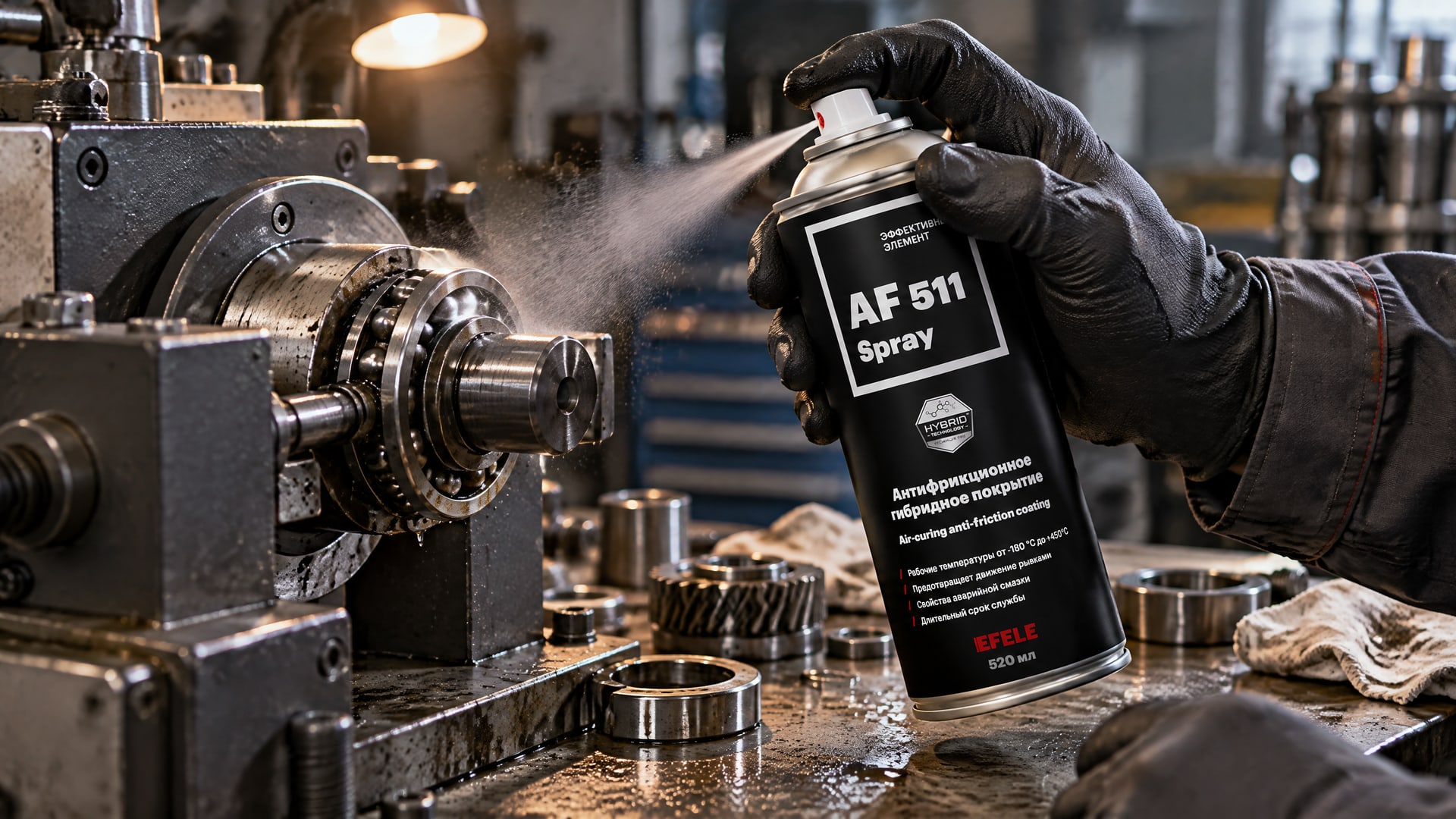 Рука наносит антифрикционное сухое покрытие EFELE AF-511 Spray из баллончика.