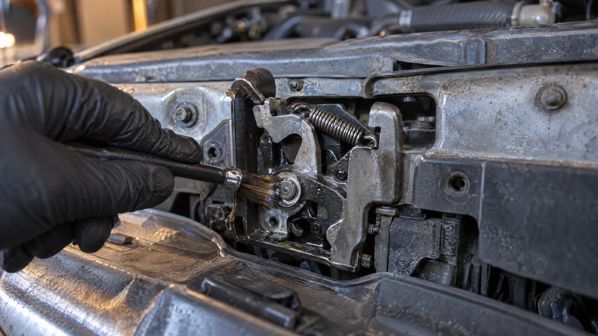 Механизм замка капота автомобиля, смазанный WD-40.
